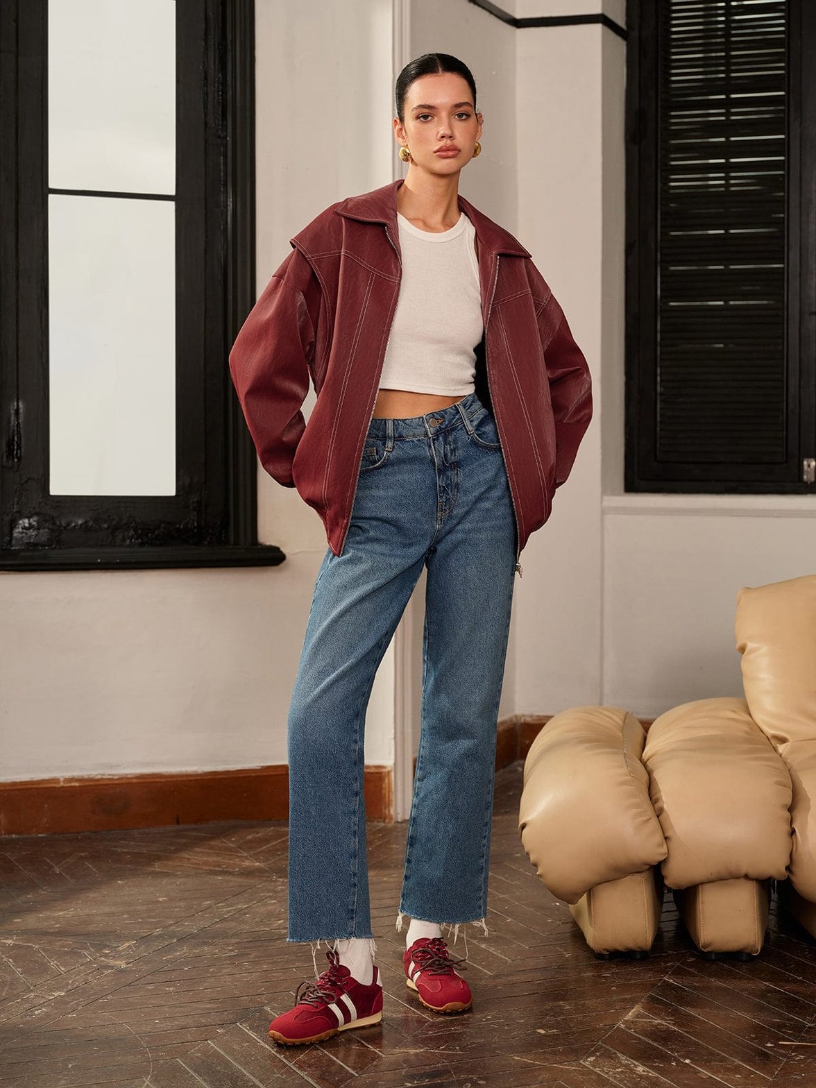 Veste biker bordeaux vue de dos élégance