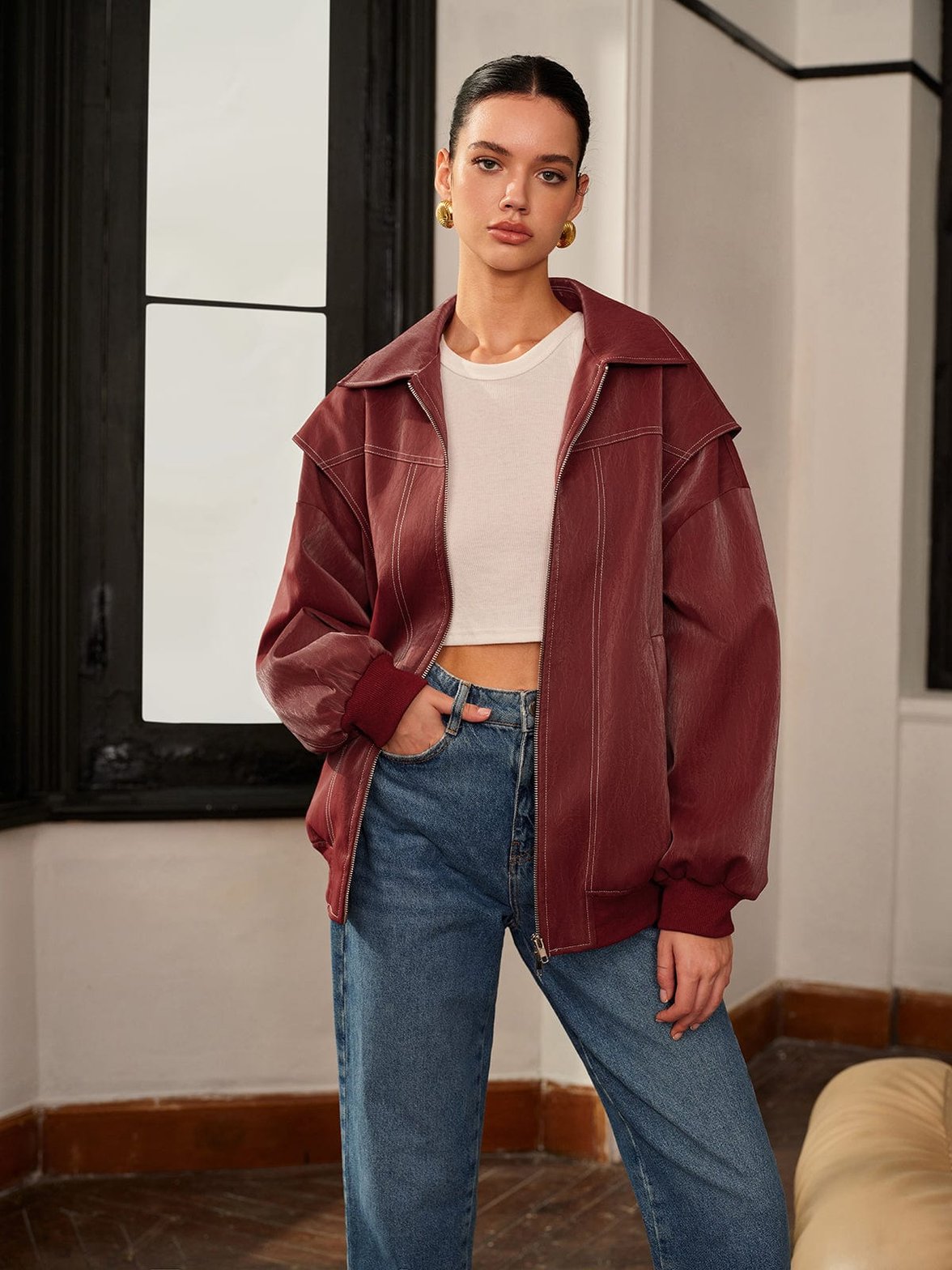 Veste biker bordeaux vue de face harmonie