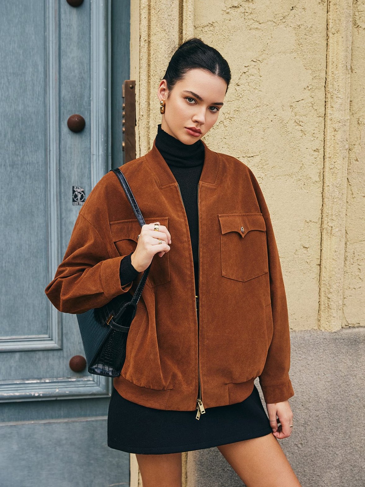 Veste daim marron détail manche pluie