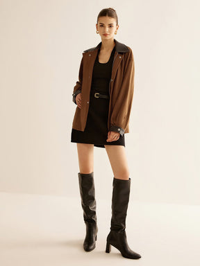 Veste daim marron détail col noir doux