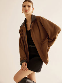 Veste daim marron col contrasté élégant soleil