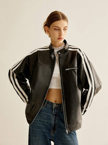 Veste simili cuir noire avec bandes latérales blanches harmonie