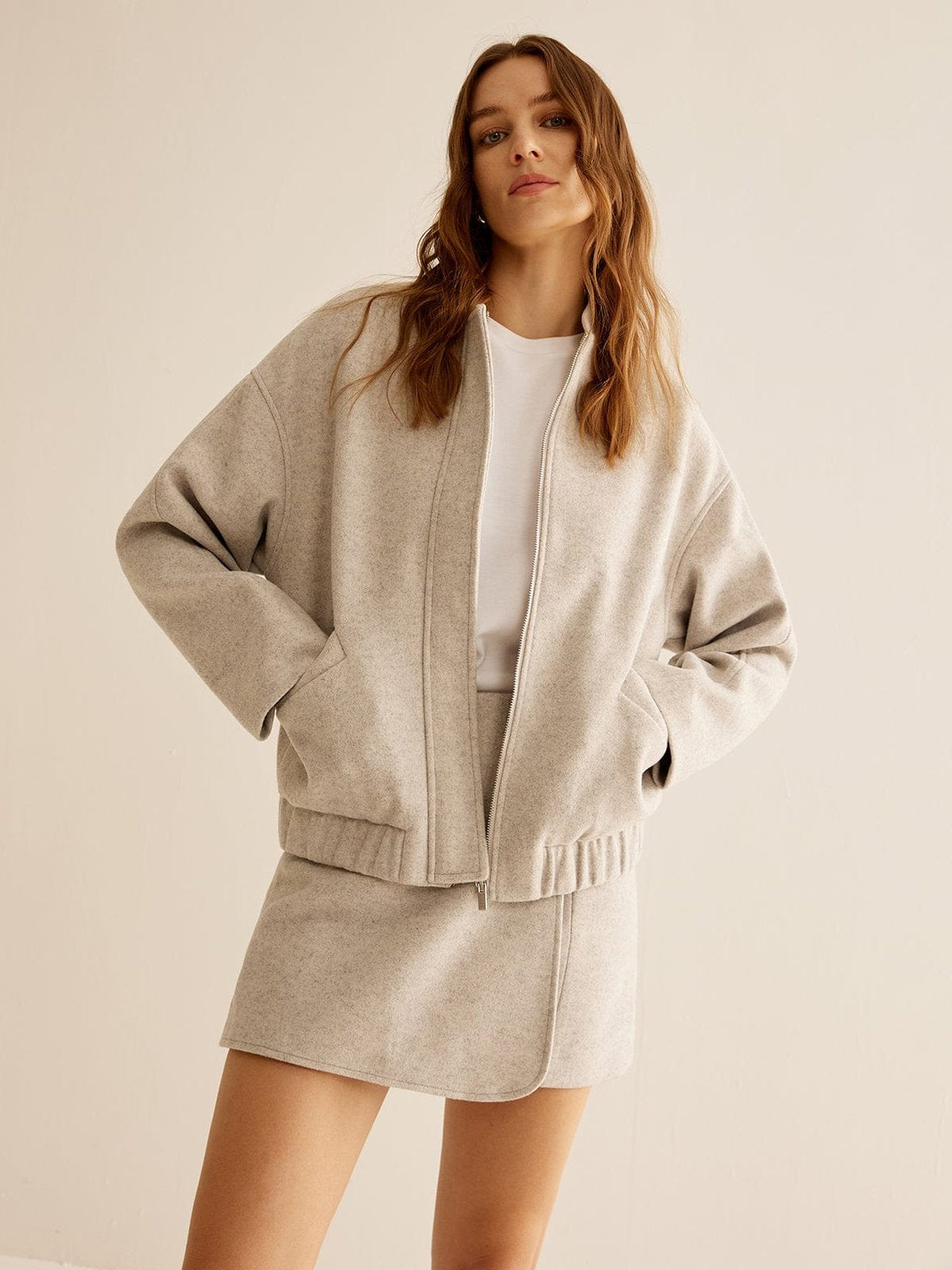 Veste tweed beige zippée élégante soleil