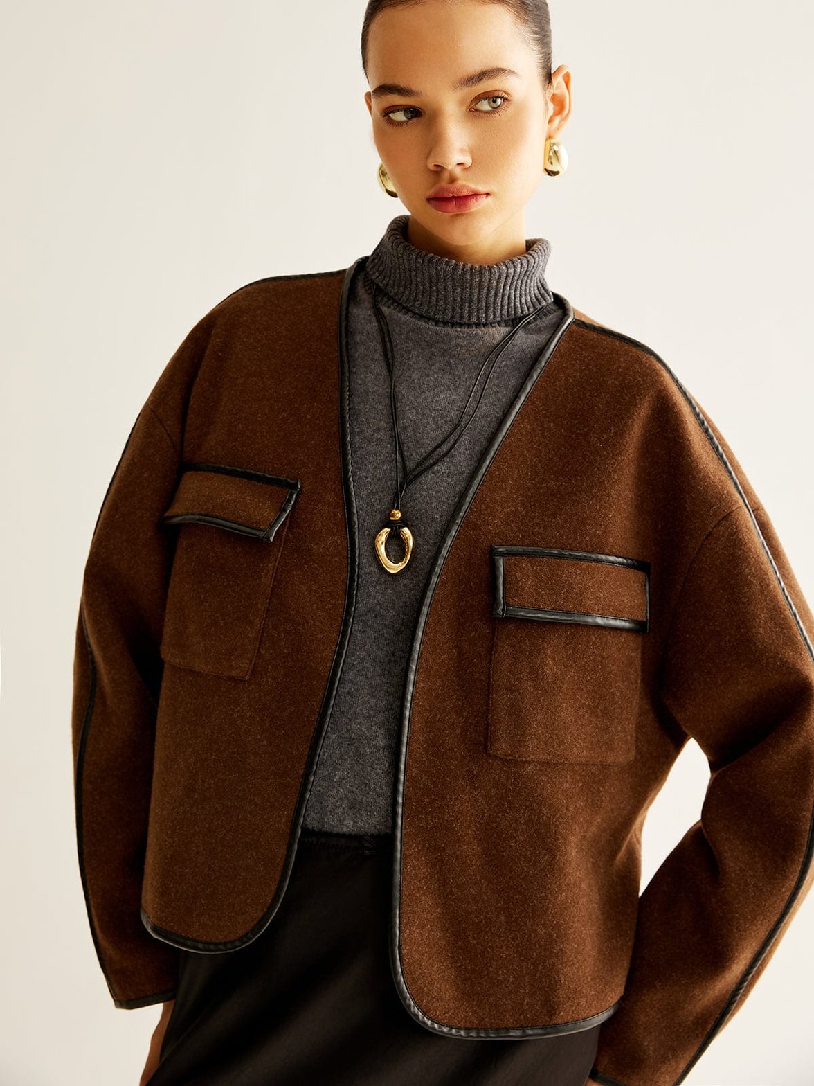 Veste tweed marron détail des poches étoile