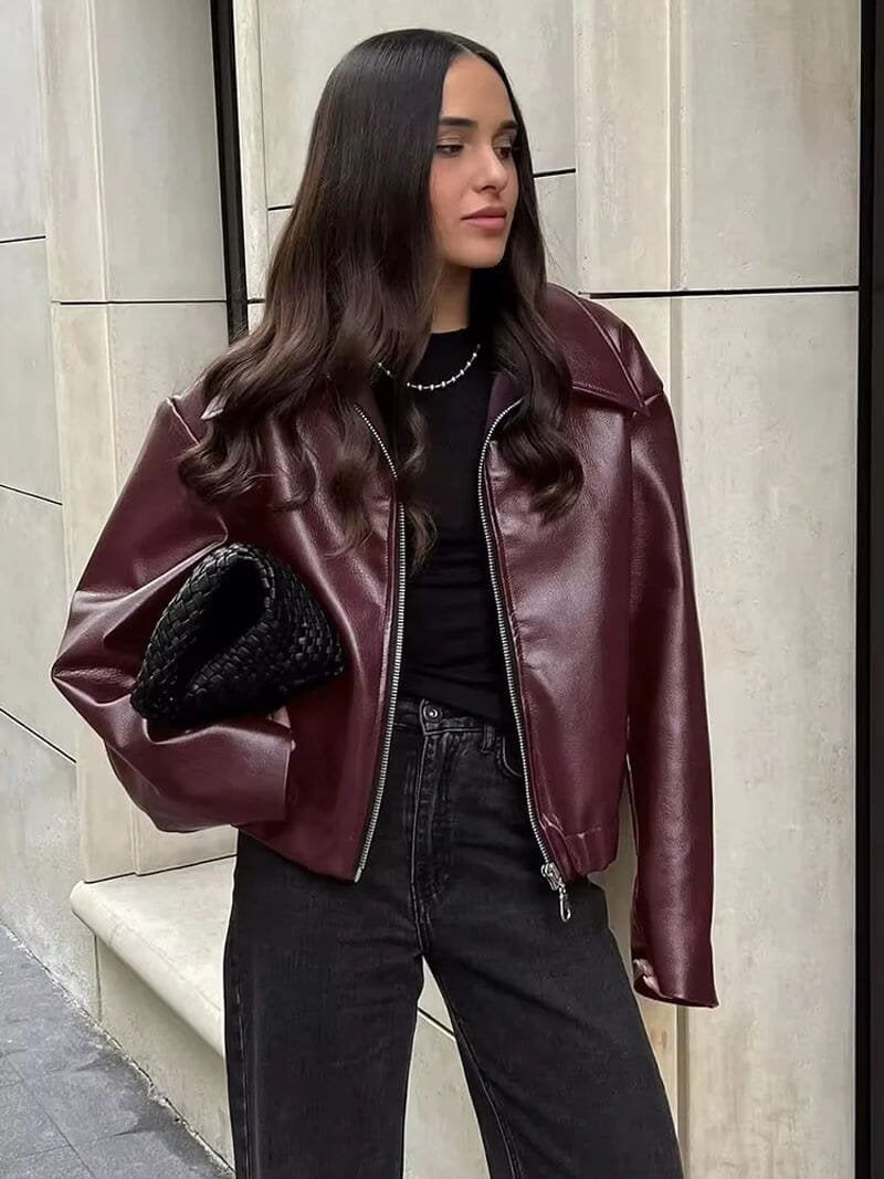 Veste zippée bordeaux élégante vue de face lueur