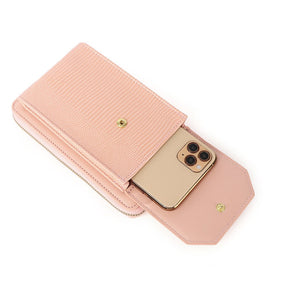 Pochette téléphone cuir rose jolieandjuliette texture lézard avec compartiment iPhone