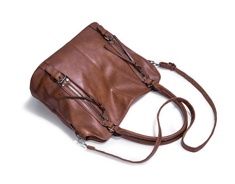 Sac bandoulière cuir marron jolieandjuliette vintage multiples zips détails métalliques