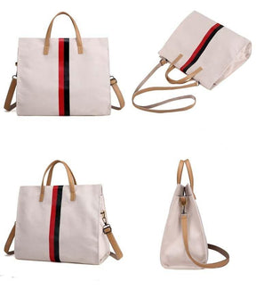 Sac cabas blanc crème jolieandjuliette avec bande tricolore rouge-noir, anses camel et bandoulière amovible