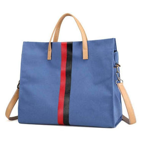 Sac cabas bleu jolieandjuliette avec bandes rouge et noir, anses en cuir