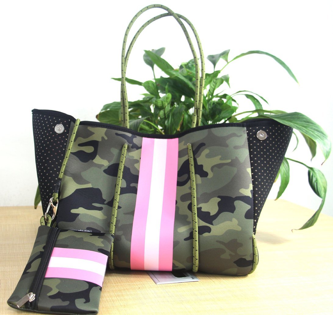 Sac cabas camouflage jolieandjuliette néoprène bande rose tendance femme