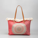 Sac cabas corail Jolie and Juliette motif mandala franges coton plage été