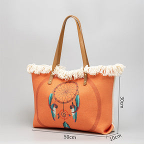 Sac cabas orange jolieandjuliette motif attrape-rêves franges blanches anses cuir