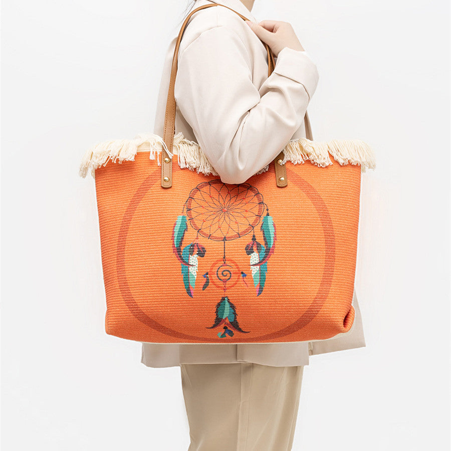 Sac cabas orange jolieandjuliette motif dreamcatcher franges bohème chic femme