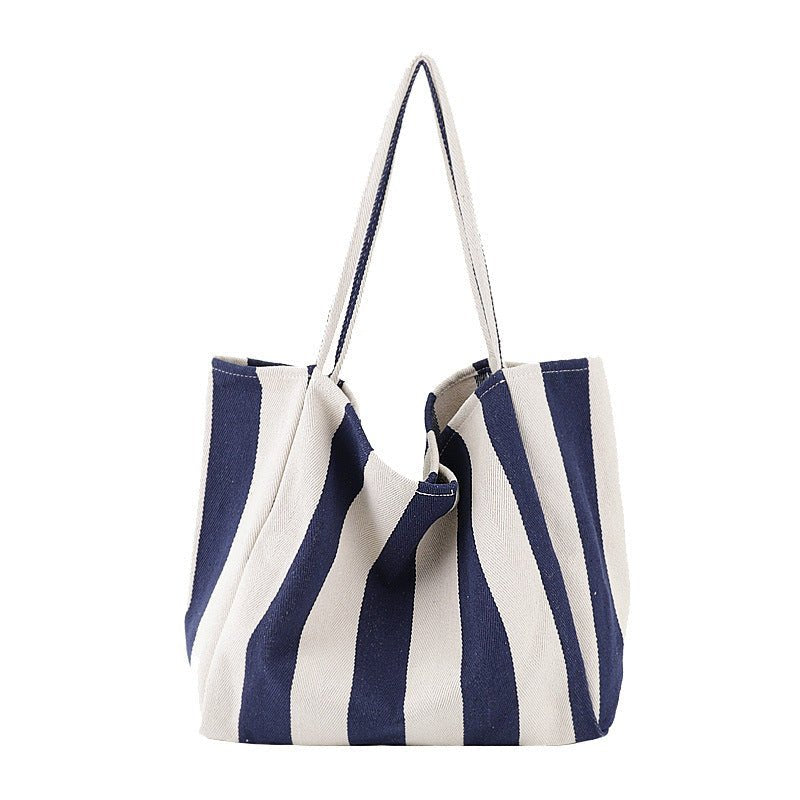 Sac cabas rayé bleu et blanc jolieandjuliette en tissu pour l'été et la plage