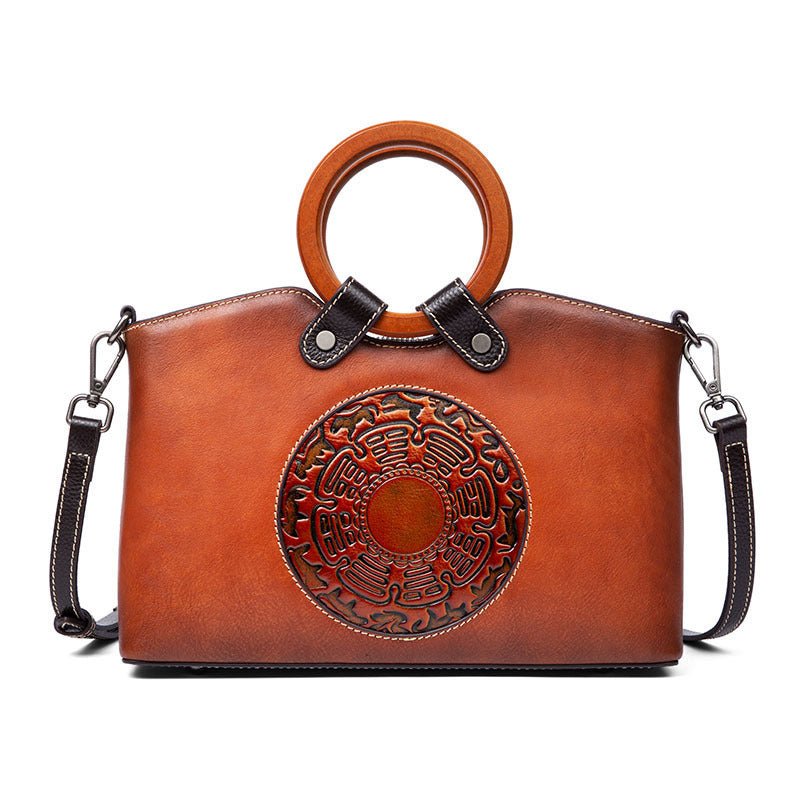 Sac à main cuir camel jolieandjuliette motif mandala poignées rondes bandoulière ajustable