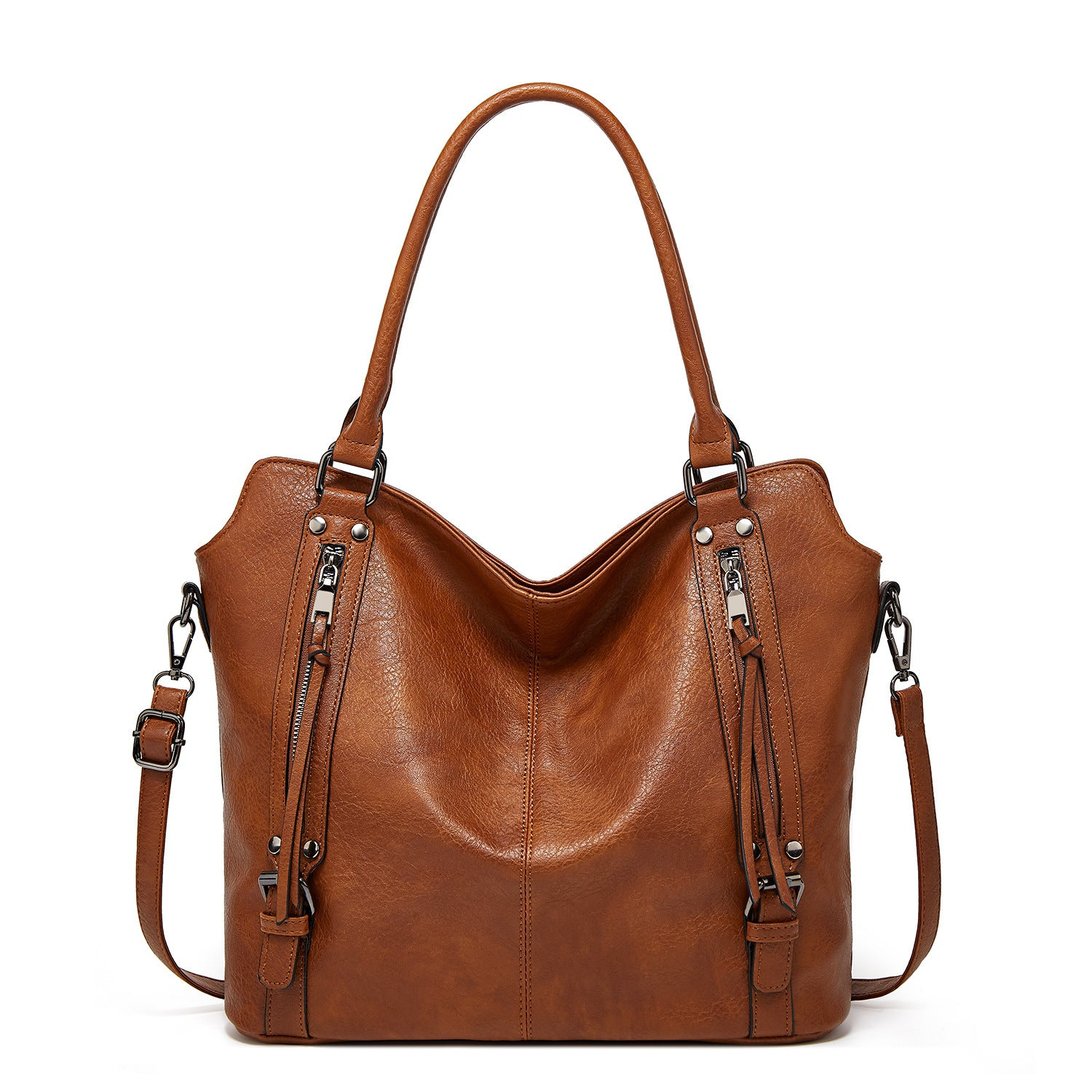 Sac à main cuir camel jolieandjuliette avec zips décoratifs et bandoulière amovible