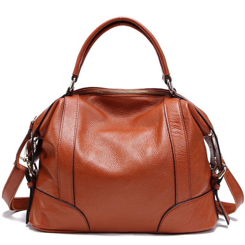 Sac à main cuir cognac élégant jolieandjuliette forme bowling avec bandoulière amovible