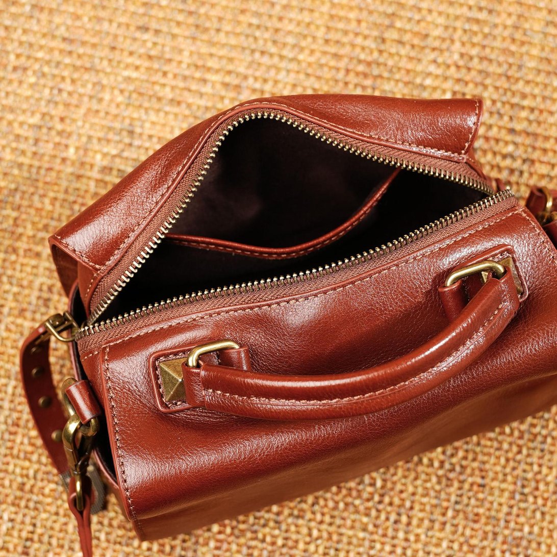 Sac à main cuir cognac jolieandjuliette mini bandoulière intérieur spacieux fermeture éclair