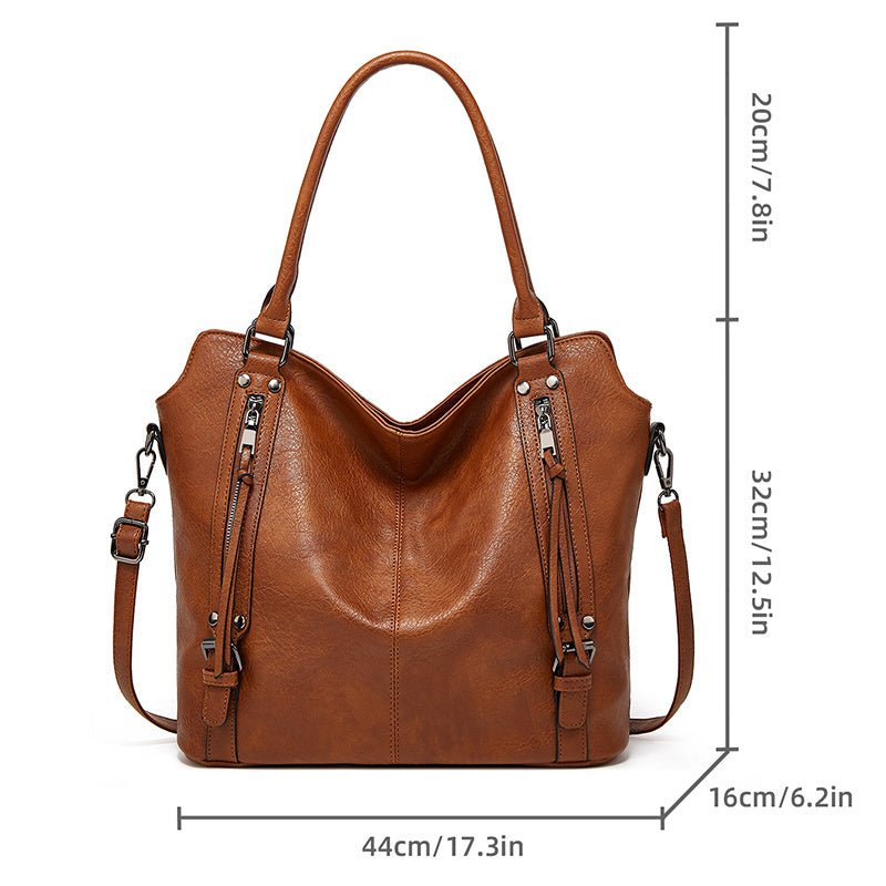 Sac à main cuir cognac jolieandjuliette spacieux avec bandoulière et zips décoratifs