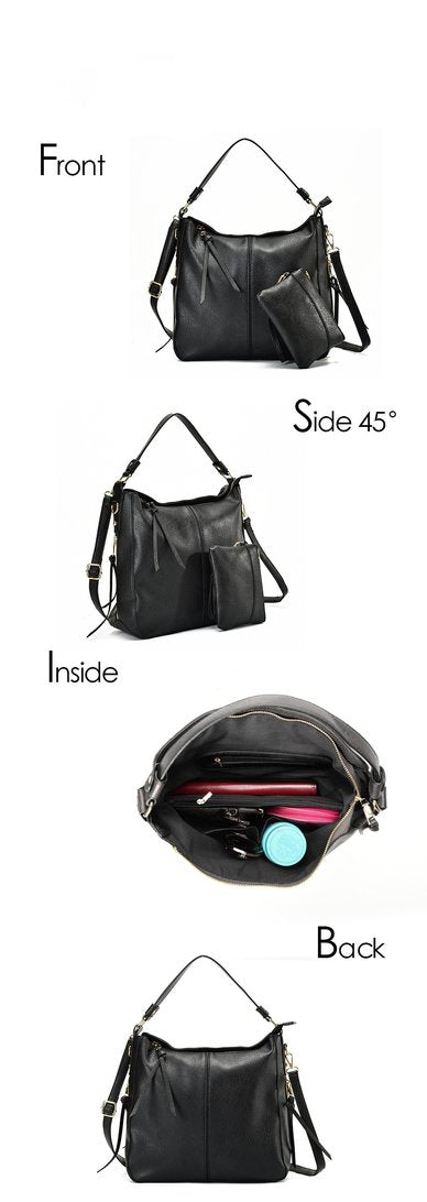 Sac hobo cuir noir jolieandjuliette avec pochette amovible, vue multiangle et intérieur