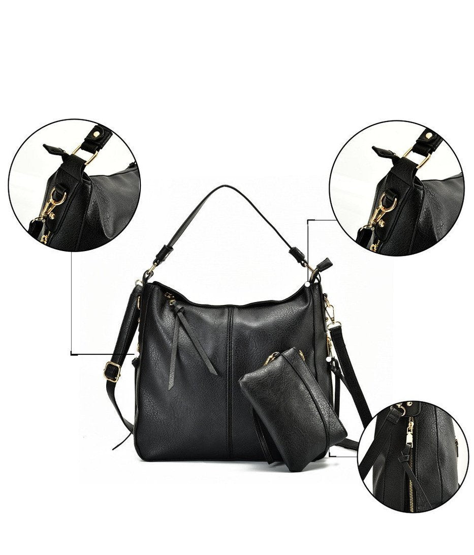 Sac à main cuir noir Jolie and Juliette hobo multifonction avec pochette assortie