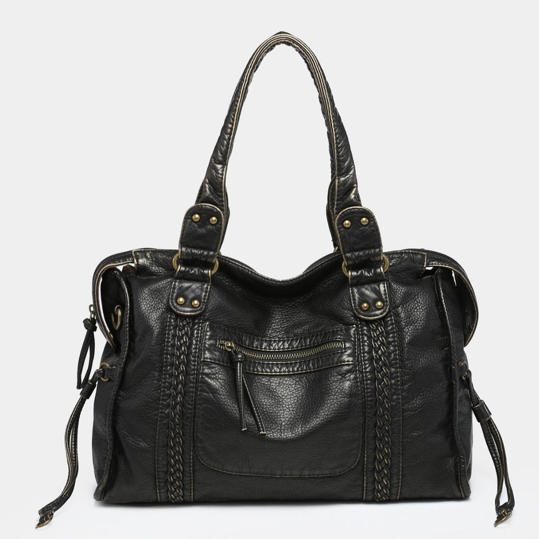 Sac à main cuir noir jolieandjuliette vintage avec détails tressés et poches zippées