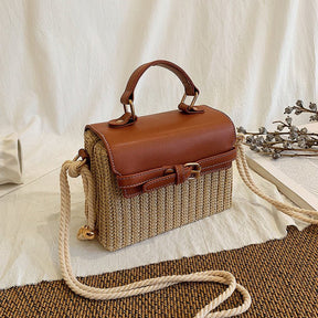 Sac à main jolieandjuliette cuir cognac et paille tressée avec bandoulière corde