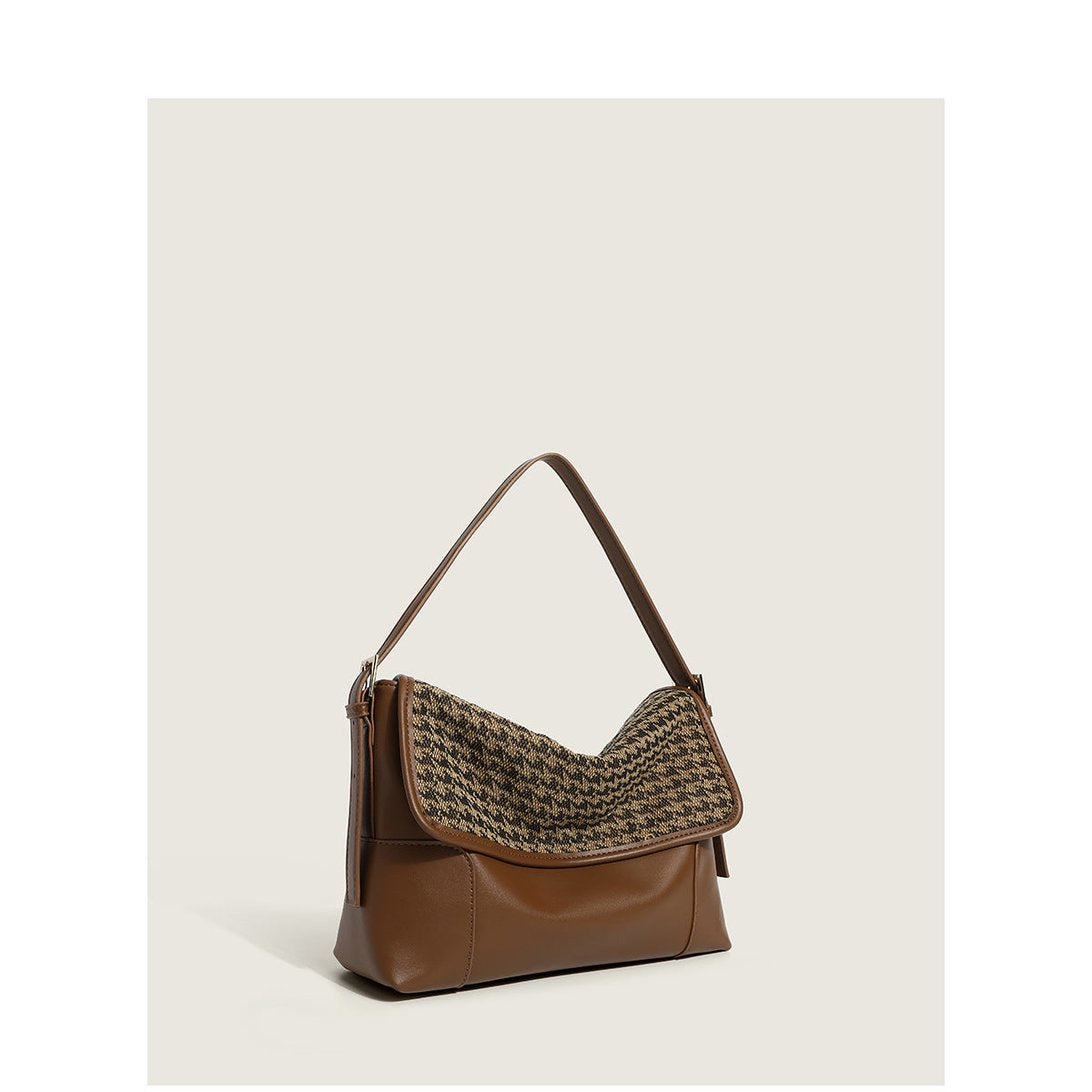 Sac à main baguette jolieandjuliette en cuir marron et tweed pied-de-poule élégant