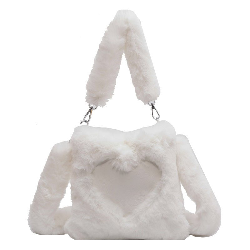 Sac à main blanc fourrure jolieandjuliette motif cœur bandoulière peluche doux élégant