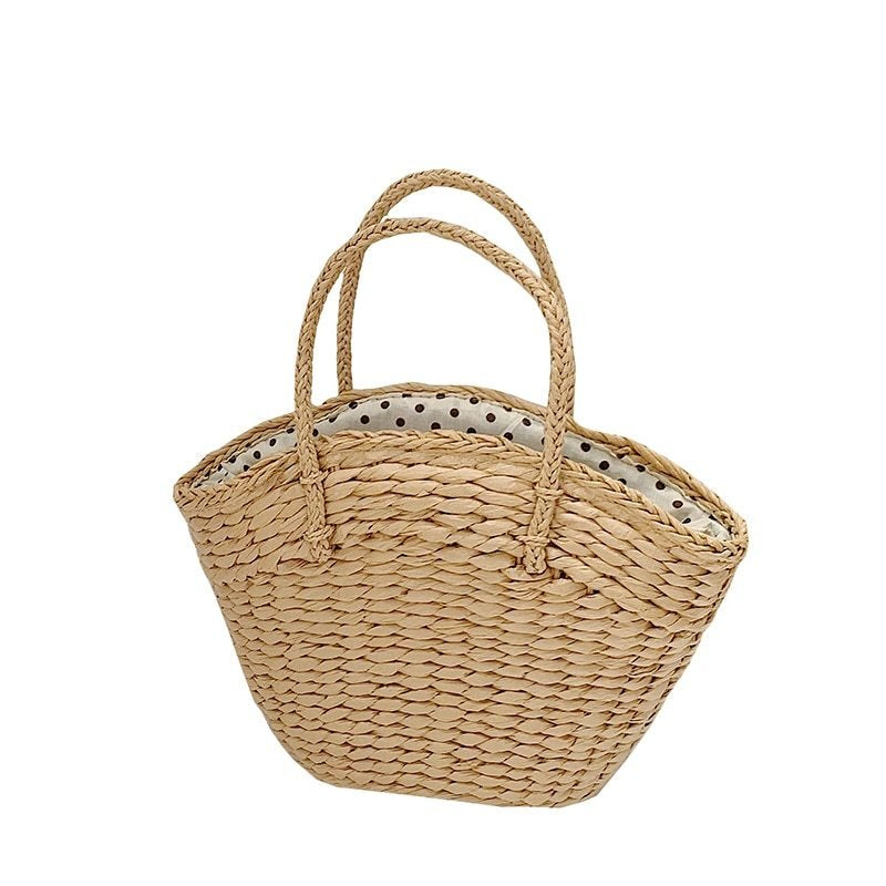 Sac panier en paille tressée naturelle jolieandjuliette avec doublure à pois pour plage