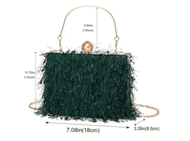 Sac de soirée vert émeraude à franges jolieandjuliette avec chaîne dorée et fermoir bijou