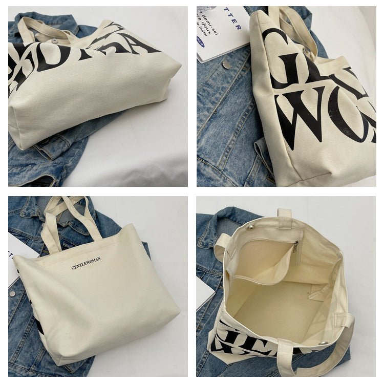 Tote bag beige jolieandjuliette en toile avec typographie noire, vu sous quatre angles