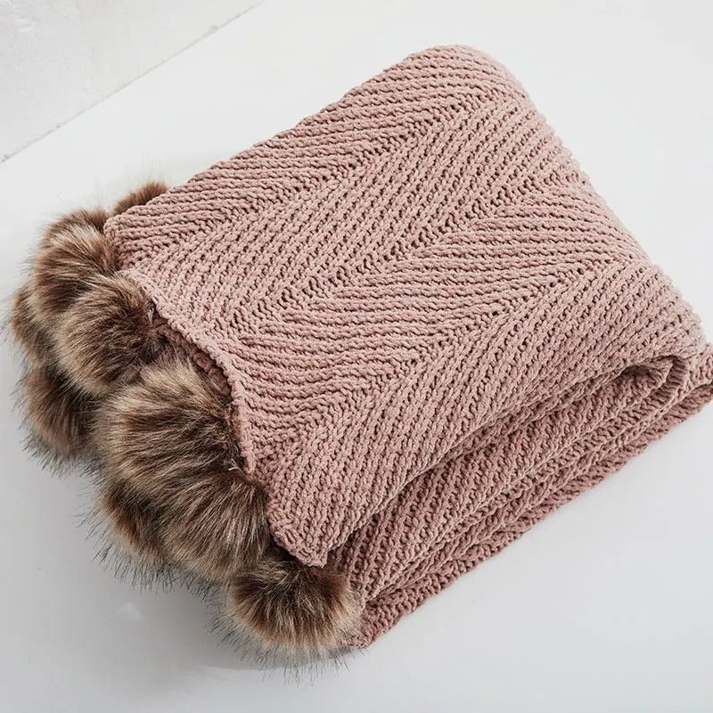 Couverture en Chenille Douce avec Pompons - Confort et Style pour Nuits Froides