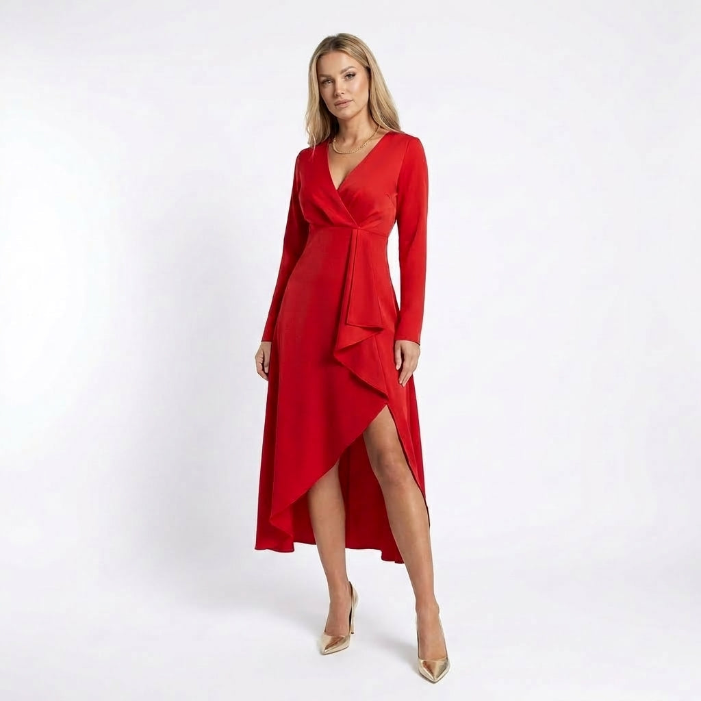 Robe midi asymétrique col en V silhouette drapée élégante femme
