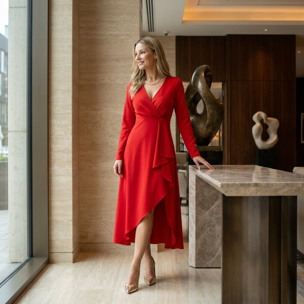 Robe midi asymétrique col en V silhouette drapée élégante femme