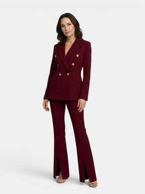 Tailleur pantalon blanc femme Sophia blazer croisé boutons dorés revers V
