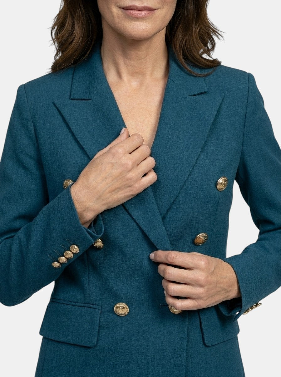 Tailleur pantalon blanc femme Sophia blazer croisé boutons dorés revers V