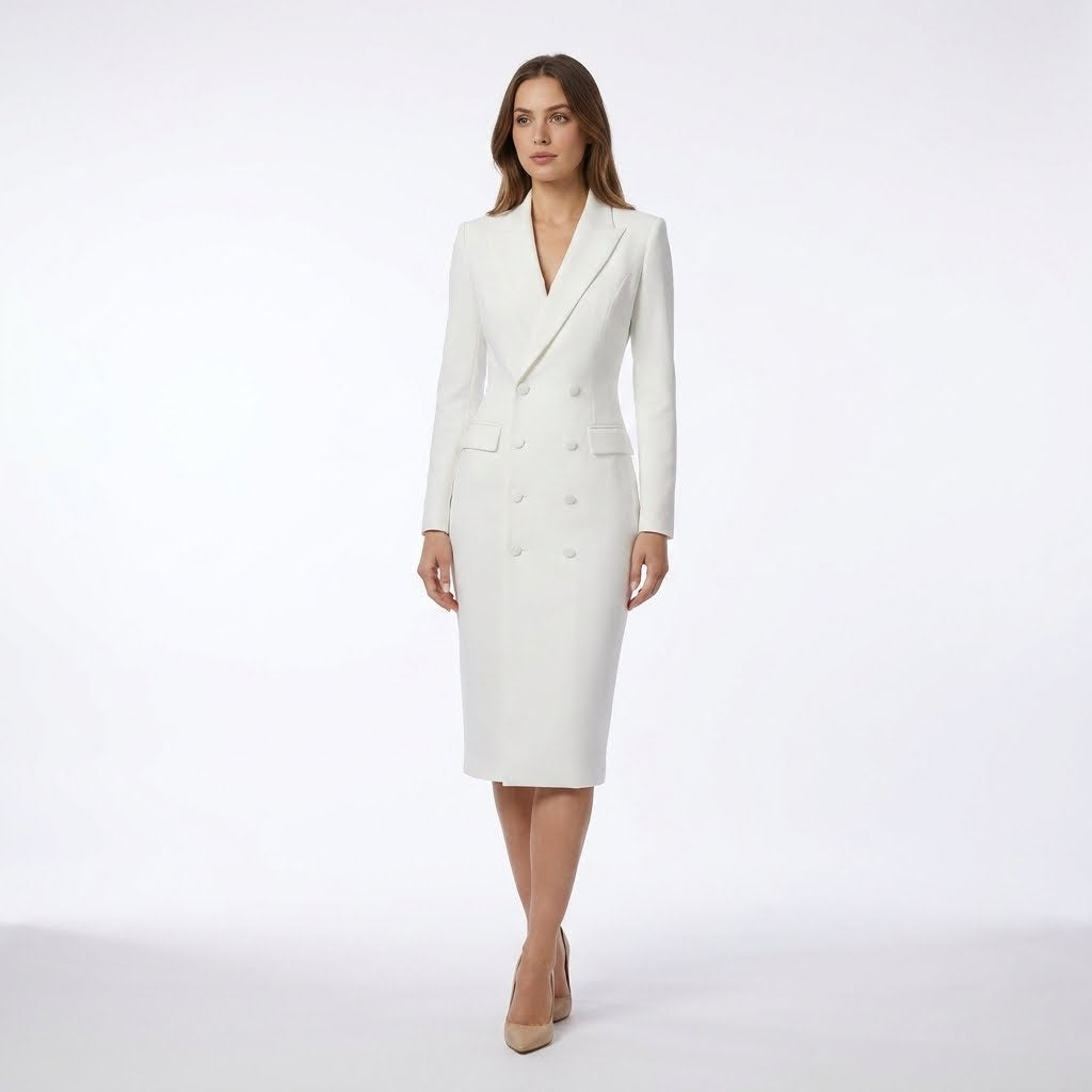 Robe midi taillée revers structuré silhouette ajustée élégante femme