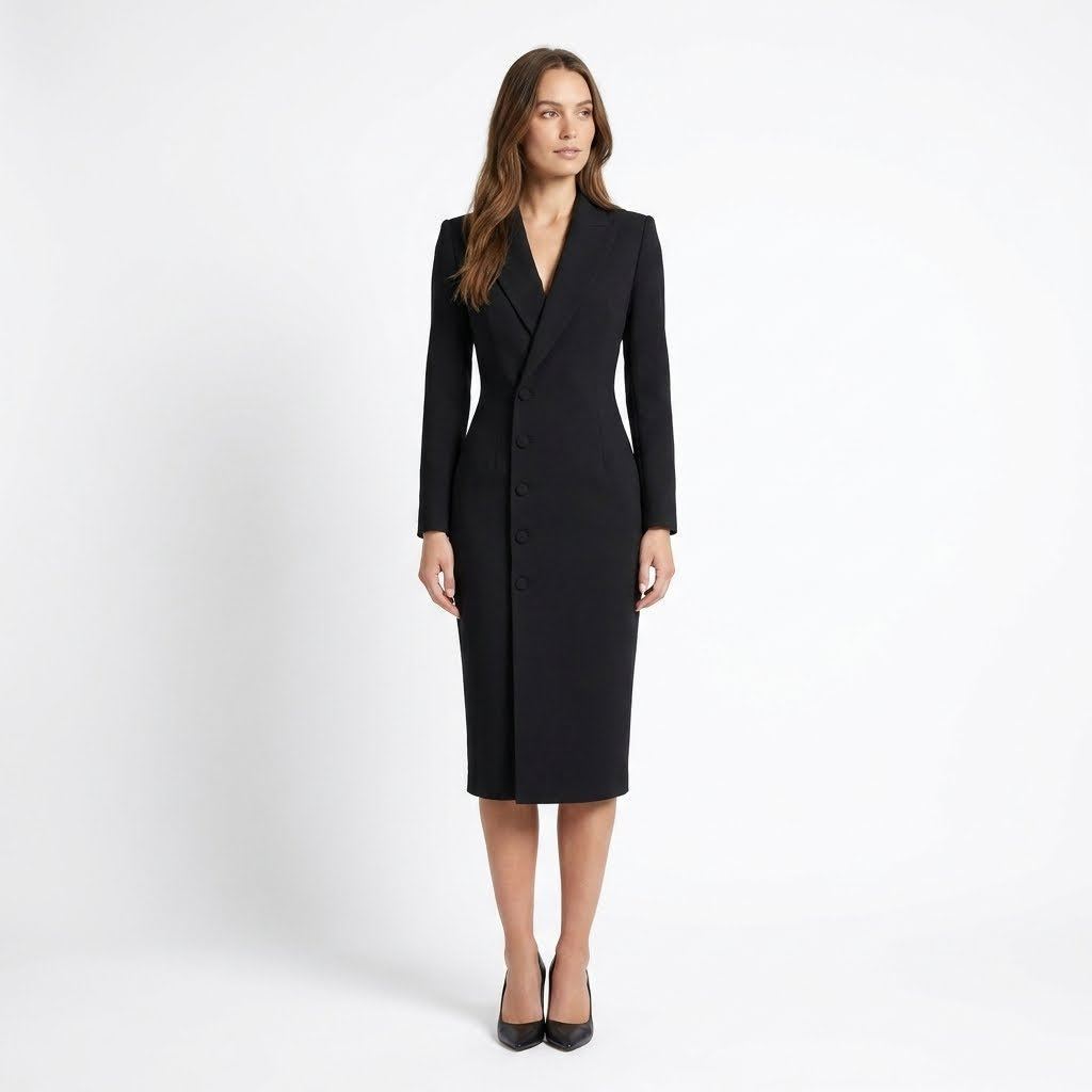 Robe midi taillée revers structuré silhouette ajustée élégante femme