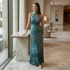 Robe maxi fleurie col haut dos ouvert mousseline légère invitée mariage femme