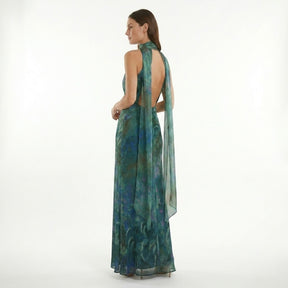 Robe maxi fleurie col haut dos ouvert mousseline légère invitée mariage femme