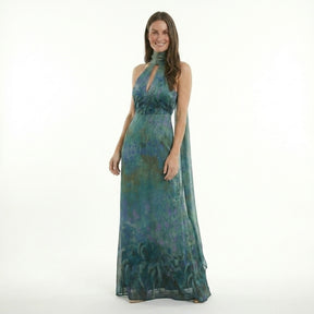 Robe maxi fleurie col haut dos ouvert mousseline légère invitée mariage femme