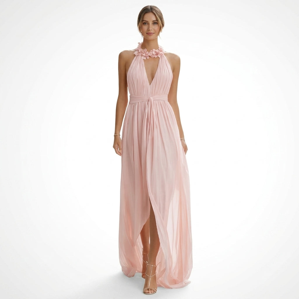 Robe maxi mousseline col licou corsage plissé élégante pour femme