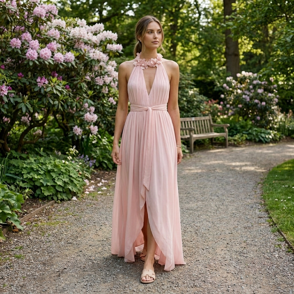 Robe maxi mousseline col licou corsage plissé élégante pour femme