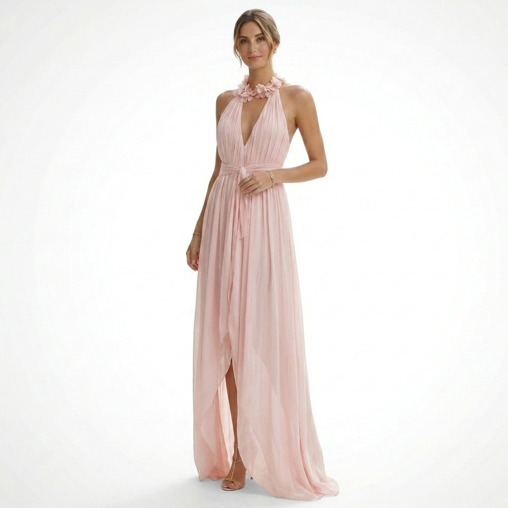 Robe maxi mousseline col licou corsage plissé élégante pour femme