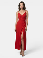 Robe maxi col bénitier drapé bretelles spaghetti fente latérale