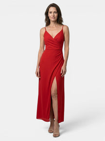Robe maxi col bénitier drapé bretelles spaghetti fente latérale