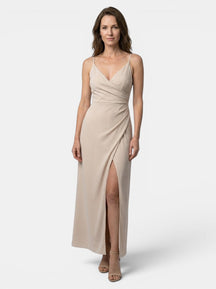 Robe maxi col bénitier drapé bretelles spaghetti fente latérale