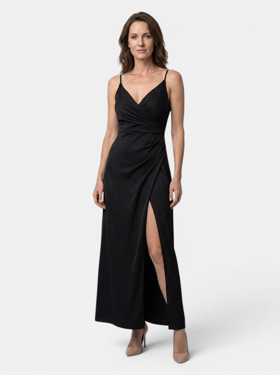 Robe maxi col bénitier drapé bretelles spaghetti fente latérale