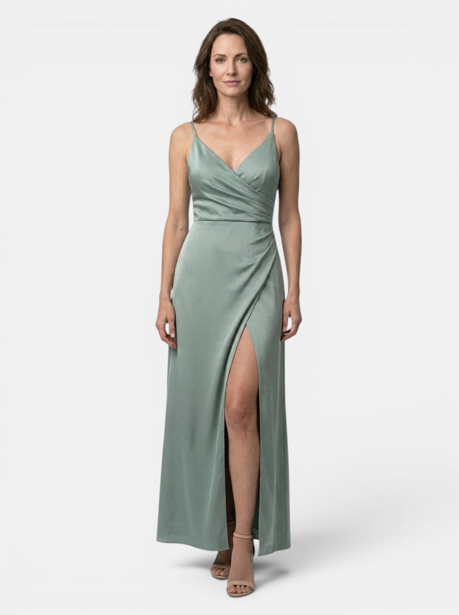 Robe maxi col bénitier drapé bretelles spaghetti fente latérale